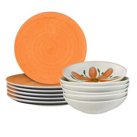 ARCA Komplet SERWIS OBIADOWY Kwiat Pomarańczowy 12 el. 6 osób Porcelana